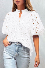 Load image into Gallery viewer, White Flower Embroidered Hollow-out Puff Sleeve Blouse | Tops/Blouses & Shirts