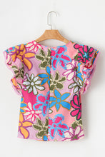 Load image into Gallery viewer, Multicolor Vibrant Floral Print Trimmed Ruffle Sleeve Blouse | Tops/Blouses & Shirts
