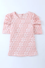 Load image into Gallery viewer, Pink Floral Lace Ruched Bubble Sleeve Top | Tops/Tops & Tees