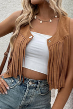 Load image into Gallery viewer, Camel Fringed Snap Button Front Suedette Vest | Outerwear/Jackets