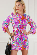 Load image into Gallery viewer, Mini Dress | Purple Floral Keyhole Back Long Sleeve Belted