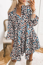 Load image into Gallery viewer, Blue Leopard Print Bubble Sleeve Ruffled Shirt Dress