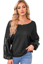 Load image into Gallery viewer, Waffle Knit Top | Black Sequin Patchwork Sleeve Open Back