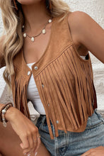 Load image into Gallery viewer, Camel Fringed Snap Button Front Suedette Vest | Outerwear/Jackets