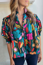 Load image into Gallery viewer, Green Floral Print Puff Sleeve Tied V Neck Blouse | Tops/Blouses & Shirts