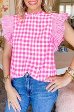 Load image into Gallery viewer, Ruffled Sleeve Top | Rose Red Checkered Blouse