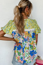 Load image into Gallery viewer, Green Bubble Sleeve Lace Trim Floral Mixed Print Blouse | Tops/Blouses & Shirts