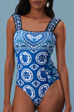 Load image into Gallery viewer, Blue Tile Pattern Ricrac Wide Straps Sheath One Piece Swimsuit