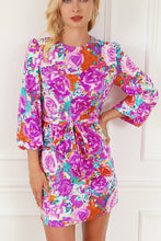 Load image into Gallery viewer, Mini Dress | Purple Floral Keyhole Back Long Sleeve Belted