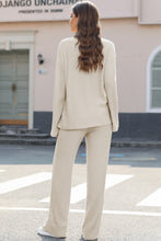 Load image into Gallery viewer, Beige Ribbed Drop Shoulder Henley Top Wide Leg Pants Set | Two Piece Sets/Pant Sets