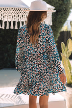 Load image into Gallery viewer, Blue Leopard Print Bubble Sleeve Ruffled Shirt Dress