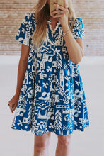 Load image into Gallery viewer, Blue Ricrac Trim Split Neck Floral Loose Dress | Dresses/Floral Dresses