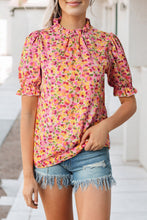 Load image into Gallery viewer, Orange Boho Floral Ruffle Short Sleeve Frill Mock Neck Blouse | Tops/Blouses & Shirts