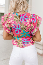 Load image into Gallery viewer, Multicolor Vibrant Floral Print Trimmed Ruffle Sleeve Blouse | Tops/Blouses & Shirts