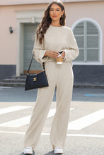 Load image into Gallery viewer, Beige Ribbed Drop Shoulder Henley Top Wide Leg Pants Set | Two Piece Sets/Pant Sets