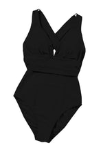 Load image into Gallery viewer, Black Deep V Neck Crossover Backless Ruched High Cut Monokini | Swimwear/One Piece Swimsuit
