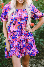 Load image into Gallery viewer, Purple Flower Print Short Puff Sleeve Ruffled Dress | Dresses/Floral Dresses