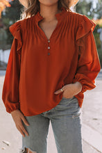 Load image into Gallery viewer, Orange Ruffled Pleated Buttoned V Neck Blouse | Tops/Blouses & Shirts