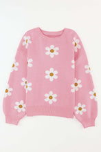 Load image into Gallery viewer, Pink flower sweater with round neck and dropped shoulders, designed for women's winter clothes, featuring a playful floral pattern.
