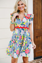 Load image into Gallery viewer, Flutter Sleeve Dress | Sky Blue Floral Printed V Notched Dress