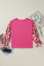 Load image into Gallery viewer, Pink Flower Patchwork Top | Ruffled Sleeve Ribbed Knit