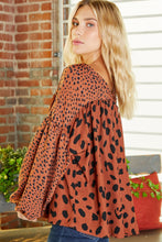 Load image into Gallery viewer, Brown Contrast Leopard Print Bubble Sleeve Blouse | Tops/Blouses & Shirts