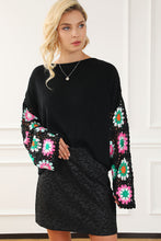 Load image into Gallery viewer, Black Floral Crochet Bell Sleeve Loose Sweater | Tops/Sweaters & Cardigans