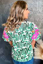 Load image into Gallery viewer, Puff Sleeve Top | Blackish Green Embroidered Frilled Printed Top