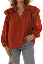 Load image into Gallery viewer, Orange Ruffled Pleated Buttoned V Neck Blouse | Tops/Blouses & Shirts
