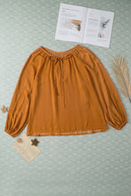 Load image into Gallery viewer, Camel Satin Pleated Tied V Neck Puff Sleeve Blouse