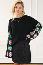 Load image into Gallery viewer, Black Floral Crochet Bell Sleeve Loose Sweater | Tops/Sweaters & Cardigans