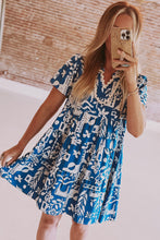 Load image into Gallery viewer, Blue Ricrac Trim Split Neck Floral Loose Dress | Dresses/Floral Dresses