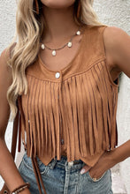 Load image into Gallery viewer, Camel Fringed Snap Button Front Suedette Vest | Outerwear/Jackets