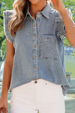 Load image into Gallery viewer, Womens Denim Top | Raw Hem Button Up Cap Sleeve Denim Top | Tops/Blouses & Shirts