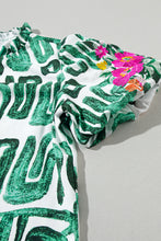 Load image into Gallery viewer, Puff Sleeve Top | Blackish Green Embroidered Frilled Printed Top