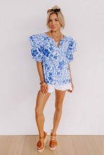 Load image into Gallery viewer, Dark Blue Floral Print Ruffled Bubble Sleeve Blouse