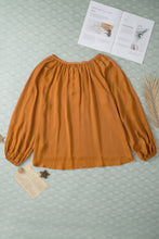 Load image into Gallery viewer, Camel Satin Pleated Tied V Neck Puff Sleeve Blouse