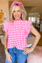 Load image into Gallery viewer, Ruffled Sleeve Top | Rose Red Checkered Blouse