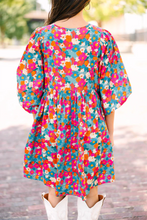 Load image into Gallery viewer, Sky Blue Floral Print Tie Split Neck Bubble Sleeve Babydoll Dress | Dresses/Floral Dresses