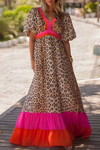 Load image into Gallery viewer, Maxi Dress | Bright Pink Leopard Color-Block Patchwork Bubble Sleeve