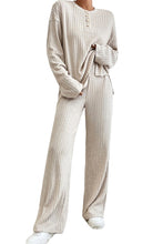 Load image into Gallery viewer, Beige Ribbed Drop Shoulder Henley Top Wide Leg Pants Set | Two Piece Sets/Pant Sets