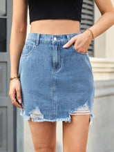 Load image into Gallery viewer, Blue Jean Shorts-Distressed Raw Hem Blue Denim Skirt | Denim Skirt