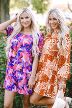 Load image into Gallery viewer, Purple Flower Print Short Puff Sleeve Ruffled Dress | Dresses/Floral Dresses