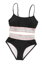 Load image into Gallery viewer, Black Striped Patchwork Spaghetti Strap High Waist Bikini Swimsuit | Swimwear/High Waisted Swimsuit
