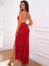 Load image into Gallery viewer, Long Formal Gown | Black Slit Sequin V-Neck Cami Dress