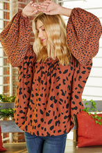 Load image into Gallery viewer, Brown Contrast Leopard Print Bubble Sleeve Blouse | Tops/Blouses & Shirts