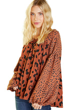 Load image into Gallery viewer, Brown Contrast Leopard Print Bubble Sleeve Blouse | Tops/Blouses & Shirts