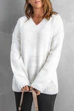 Load image into Gallery viewer, White V neck Drop Shoulder Sweater
