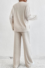 Load image into Gallery viewer, Beige Ribbed Drop Shoulder Henley Top Wide Leg Pants Set | Two Piece Sets/Pant Sets