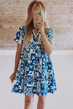 Load image into Gallery viewer, Blue Ricrac Trim Split Neck Floral Loose Dress | Dresses/Floral Dresses